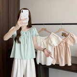 Butterfly Tie With Loose Shoulder Short-Sleeved Shirt For Women's Summer French Mint Green Shirt With Lean Top