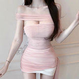 South Korea's New Summer Temperament Mesh Tight Body Light Pink Asymmetrical Pure Desire To Expose The Shoulder T-Shirt Girl