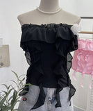 Real Shooting Pure Wind Lotus Leaf Side With A Word Shoulder Bra Small Vest Short Three-Dimensional Flowers Sleeveless Top 8856