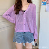 Fashion Long-Sleeved V-Neck Thin Hollow Sun Protection Coat Women Autumn New Knitted Top Air-Conditioning Cardigan Women