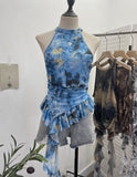 Trend Irregular Hanging Neck Dyeing Net Yarn Vest Lotus Side Ribbon Short Sleeveless Top 9969