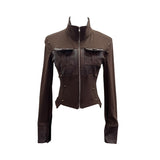 Vintage Modern Zipper Collar Spliced Pu Leather Shirt Babes Short Jacket Coat Fur Coat 1365