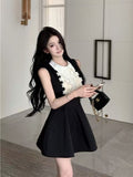 French Thousand Gold Lace Doll Collar Vest Dress Women's Summer Fragrant Temperament Sleeveless Black Dress