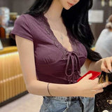 South Korea's New Summer Temperament Slimming Low V-Neck Hottie Pure Lust Lace Side Set Short-Sleeved T-Shirt Top