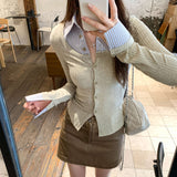 Unique And Beautiful Age Reduction Korean Striped Collar Spliced Cardigan T-Shirt Women Early Autumn 2025 New POLO Shirt Top