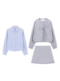 Casual Suit Female Gray Age-Relay Bowed Tsets Striped Shirt Shirt Early Autumn High Waist Half-Dress Three-Piece Set