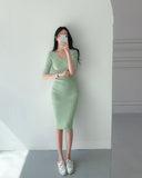 Korean Version Of Autumn Green V-Neck Thin Knitted Dress Short Sleeve Comfortable Slimming High-Waisted Hip Dress