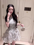French Sweet Mist Gray Blue Flower Princess Fluffy Short Dress Girl Summer New Birthday Dress Sleeveless Dress