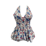 Real-Patting Collared With Chest Pad Sling Vest For Women's Summer Vintage Check-In Skirts With Sleeveless Top 9355