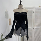 Real Shot One-Word Shoulder Rivet Splicing Dizzy Net Yarn Irregular Long-Sleeved Top Short Repair Hottie T-Shirt 1299