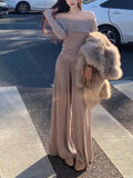 High-End Fashion Knitted Set Women's 2025 Autumn And Winter 2025 New Shoulder Sweater High-Waist Broad Leg Pants Two Sets