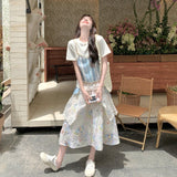 Blue Small Fresh Fake Two Short-Sleeved Shirt Dress Women 2026 Summer Cut-Down Flower Half Skirt Two Sets