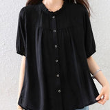 Black Round Collar Lotus Leaf Side Short-Sleeved Fat Man Shirt Women 2026 Thin Ocean Gas Age Loose Thin Leisure