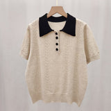 Short-Sleeved Knitting Polo Collar Pink Splicing Shoulder Summer Design Small Soft Knitting Slim Top