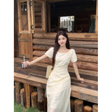 French Temperament Design Sense Irregular Square Collar Bubble Sleeve Dress Women Summer Large Size Fat MM Folding Long Dress