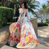 Tea Break French Pure Lust Colorful Broken Flower Sling Strap High-Waisted Holiday Dress Bohemia Seaside Dress