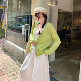 Wool V Collar Fruit Green Thin Skirt With Knitted Shirt Coat Women's Early Autumn 2025 New Long-Sleeved Top