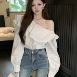 Lotus Leaf Side-Shoulder Shirt Women's Clothing 2025 Spring And Autumn New Long-Sleeved French Temperament Short Top Elegant