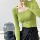Purple Sexy Shoulder-To-Bottom Shirt Long Sleeve Low Collar Collar Collar Temperament Blouse Female Tightness Apparent Body Comfortable
