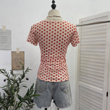 Love Print Small Bow Net Collar Folded Body Elastic Short-Sleeved T-Shirt 28313