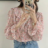 Spring And Summer 2025 New Collar Leaves Lace Splicing Chiffon Dress Sweet Broken Flower Shirt Loose