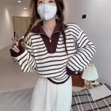 Autumn And Winter Languid Soft-Crelenting Short-Sleeved Knitted Shirt Half-Zip Striped Collar Sweater