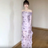 New Chinese-Style Shoulder Mesh Yarn Long-Sleeved Dress Women's Summer Sexy Body-Bown-Bsteel Dress Cheongsam Dress