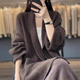 Autumn And Winter New French Collar Long Loose Cardigan Female Solid Color Gentle Lazy Knit Sweater Jacket