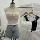 Real Shooting Net Red Pure Lust Folding Net Yarn Splicing Sling Sling Vest Bratie Short Sleeveless Top 8039