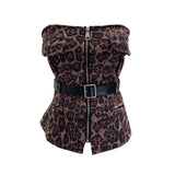 Real-Style Belted Leopard Tectar In Front Of The Zipper Open Shirt 6172