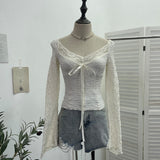 Real Shooting Merard Wind Strapted Bow Splicing Lace Pure Desire Blouse Folding Body Short Blouse 6015
