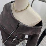 Real Shooting Short Slant Shoulder Small Leather Coat Women Pu Skin Cool Irregular Small Zipper Locomotive Top 2786