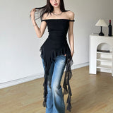 2025 New Tea Rest Gentle Lotus Leaf Side Sexy Sling Woman Summer A Word Shoulder Repair Short Top