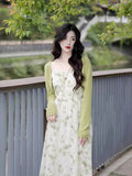 Green Small Fresh Summer Sling Dress Sen System French Orange Erring Dress Women 2026 Early Spring New Set
