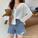 Fashion Long-Sleeved V-Neck Thin Hollow Sun Protection Coat Women Autumn New Knitted Top Air-Conditioning Cardigan Women