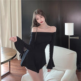 Spice Girls Word Collar Leak Shoulder Folds Thin Horn Long-Sleeved Thai Dress 2025 Spring And Autumn New Pure Lust Style Woman