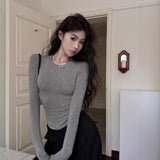 Vintage Niche Design With Hot Diamond Long-Sleeved T-Shirt Girl Autumn Slimming Hot Girl Unique Round Collar Top