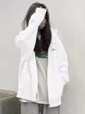 Vintage White Gray Hooded Jacket Women Spring And Autumn Oversize Thin Coat Loose Lazy Shirt Top