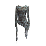 Vintage Print Double-Layer Mesh Long-Sleeved Top Design Feel Irregular Ribbon-Up T-Shirt 99981