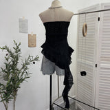 Holiday Lace Tranches Irregular Lotus Side Ribbon Wrapped Breast Wrinkle Vest Sleeveless Top 8076