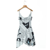 Autumn And Winter New Irregular Pendulum Newspaper Print Sling Skirt Dress