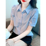 Fake Two Striped Short-Sleeved Shirt Women's Summer 2025 Summer New Fashion Temperament Shirt With Thin Top