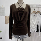 Real Shooting Explosion Hanging Neck Hollow Two Collar Long-Sleeved T-Shirt Folded Bottom Shirt 2769