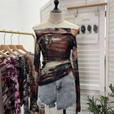 Vintage Graffiti-Printed Shoulder-Threin Mesh Long-Sleeved Blouse Side Drawstring Tethered With Slime T-Shirt 8959