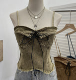 Real-Hand Washing Denim With Bow Strap Sling Vest Irregular Hairy Short Sleeveless Topsuit 8918