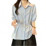 Striped Women's Shirt French Short-Sleeved Temperament Shirt Size 2026 Waist Thin Top Coat Large Size High-End Women's Clothing