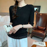 This Year's Popular Pit Strip Round-Neck Short-Sleeved Knitted Shirt Women 2025 Summer New Beautiful Summer Inside And Outside To Wear Clothes