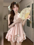 New Chinese-Style Suit Women's Summer National Wind Looks Pink Irregular Hanging Neck Top Cake Half Skirt A Complete Set