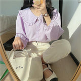Spring 2025 New Doll Collar Top Fresh Sweet Loose Version Of The Top Design Feel Solid Color Long-Sleeved Shirt Woman