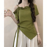 2026 Summer New Slanted Shoulder Side Short-Sleeved T-Shirt Lady Slimming Tie To Collect Pure Lustful Blouse